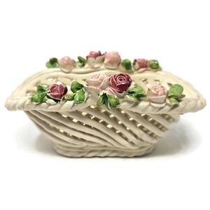 Vintage Italian Small Ceramic Lattice Basket With Roses